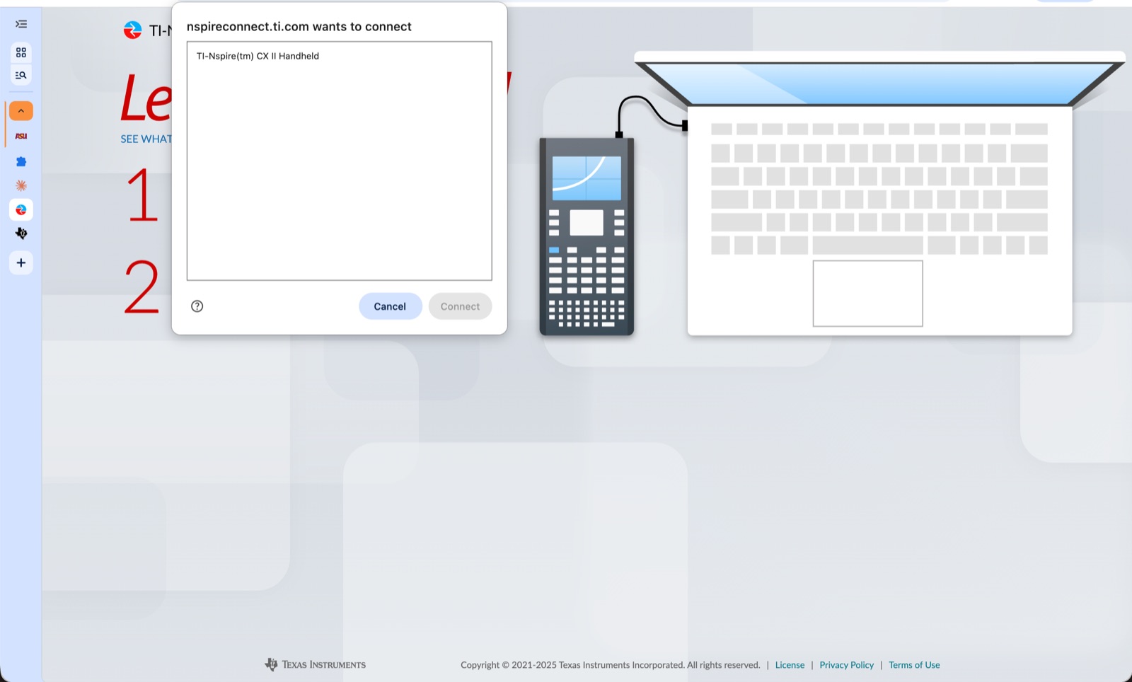 Browser pop-up listing the TI-Nspire CX II handheld to connect