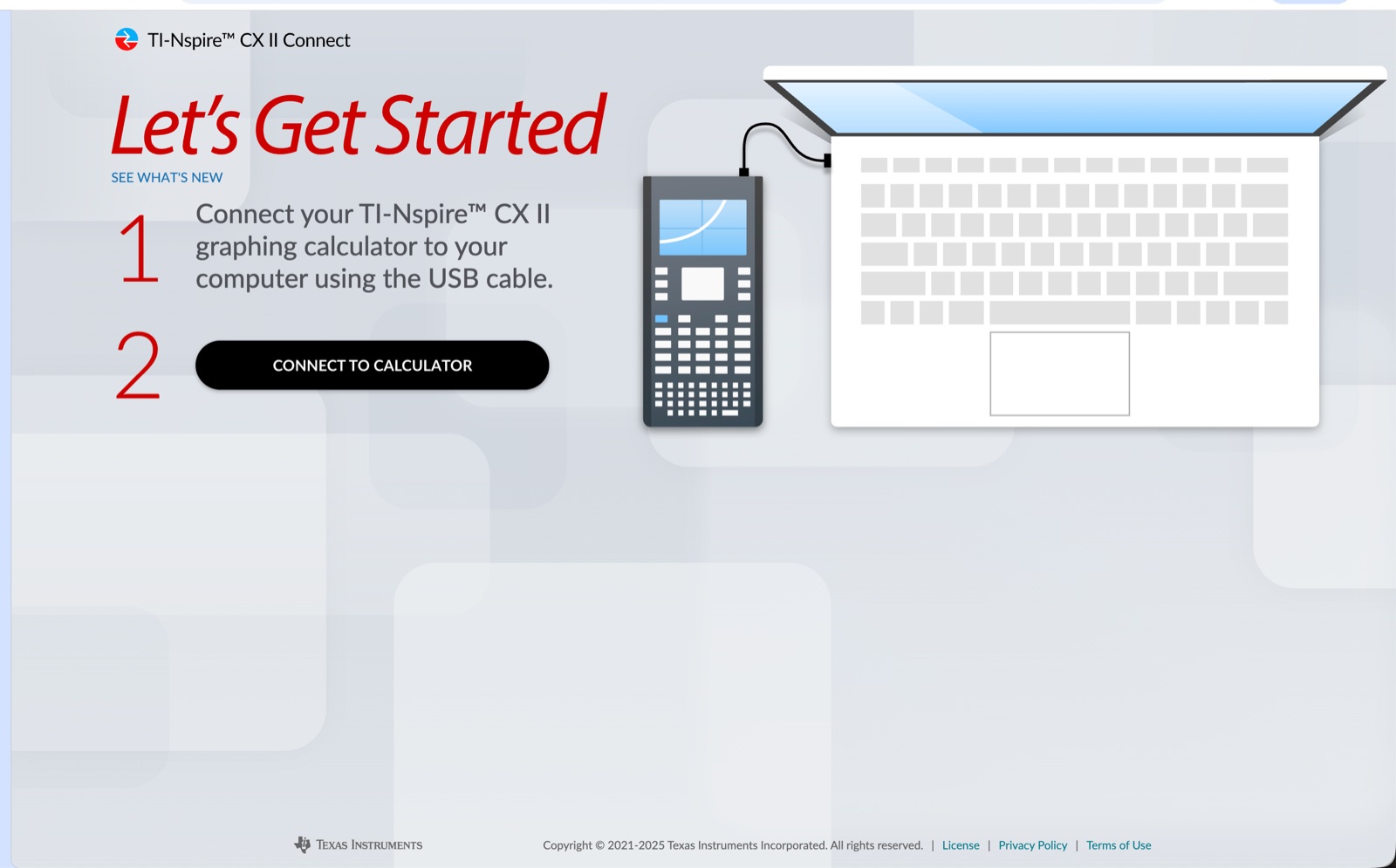 TI-Nspire CX II Connect start page with the Connect to calculator button